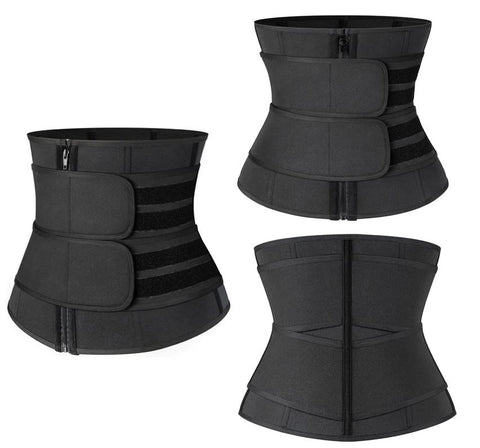 Zip and Fasten Neoprene Waist Trainer - 2 Velcro Belts in Gray and Black - FemmeShapewear
