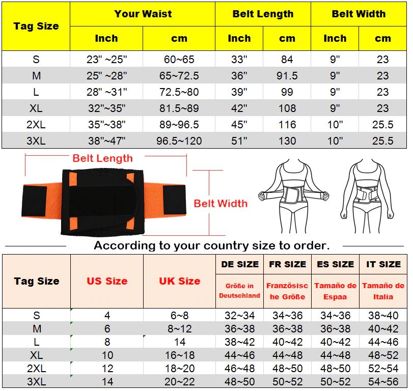 Size Guide, Waist Trainer & Sweat Fitness Belt Size Guide